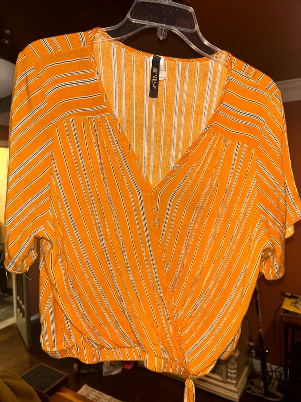 Women’s Orange Striped V-Neck Tie-Front Blouse